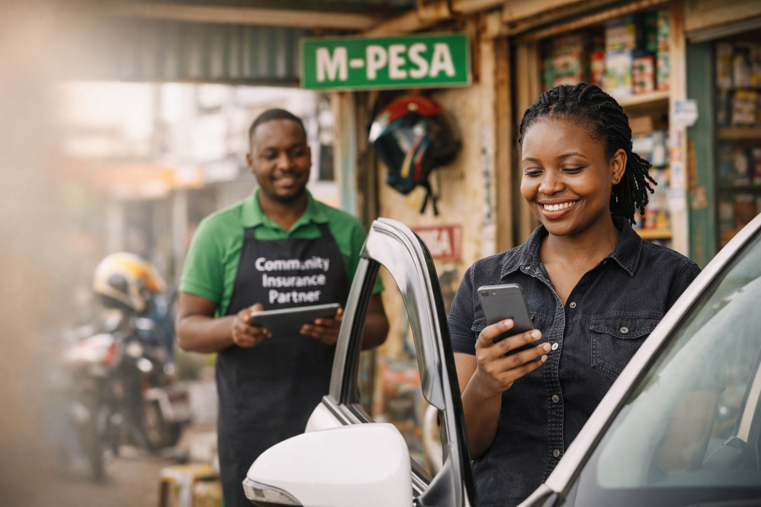 Insurance agent helping customer with M-PESA payment